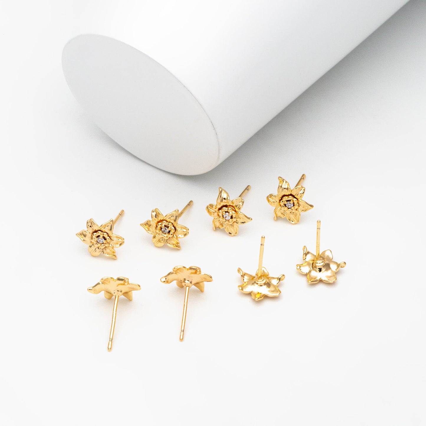 10pcs CZ Pave Gold Flower Earrings: 18K Real Gold Plated Brass Studs (GB-4036)
