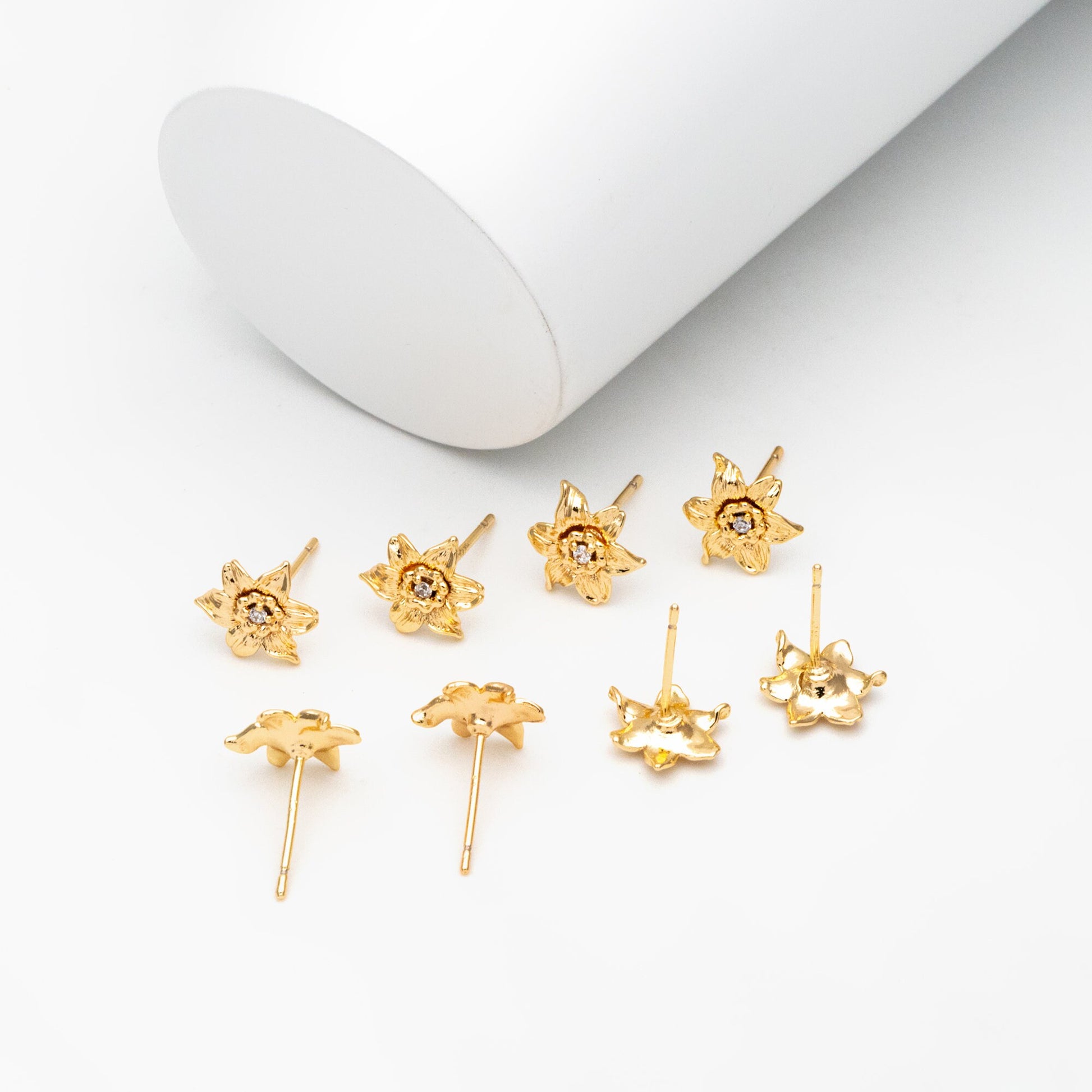 10pcs CZ Pave Gold Flower Earrings: 18K Real Gold Plated Brass Studs (GB-4036)