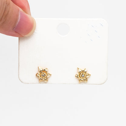 10pcs CZ Pave Gold Flower Earrings: 18K Real Gold Plated Brass Studs (GB-4036)