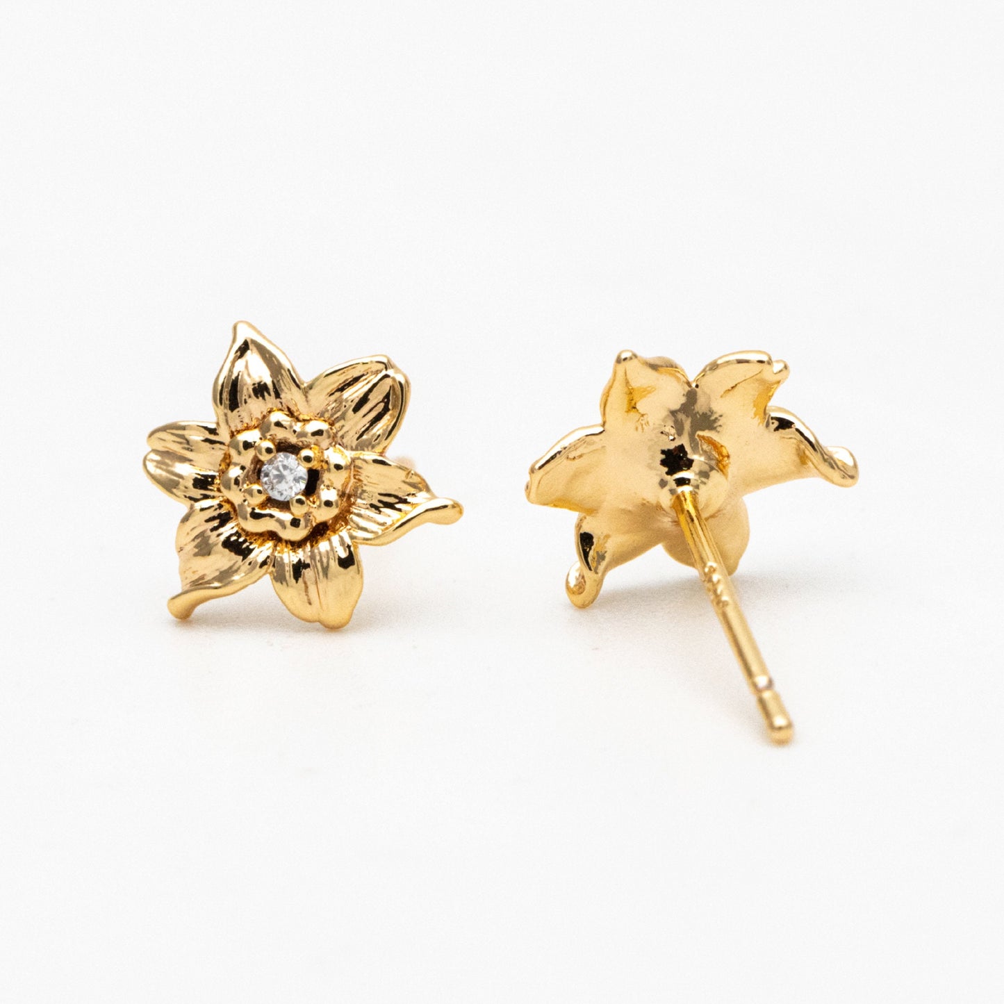 10pcs CZ Pave Gold Flower Earrings: 18K Real Gold Plated Brass Studs (GB-4036)