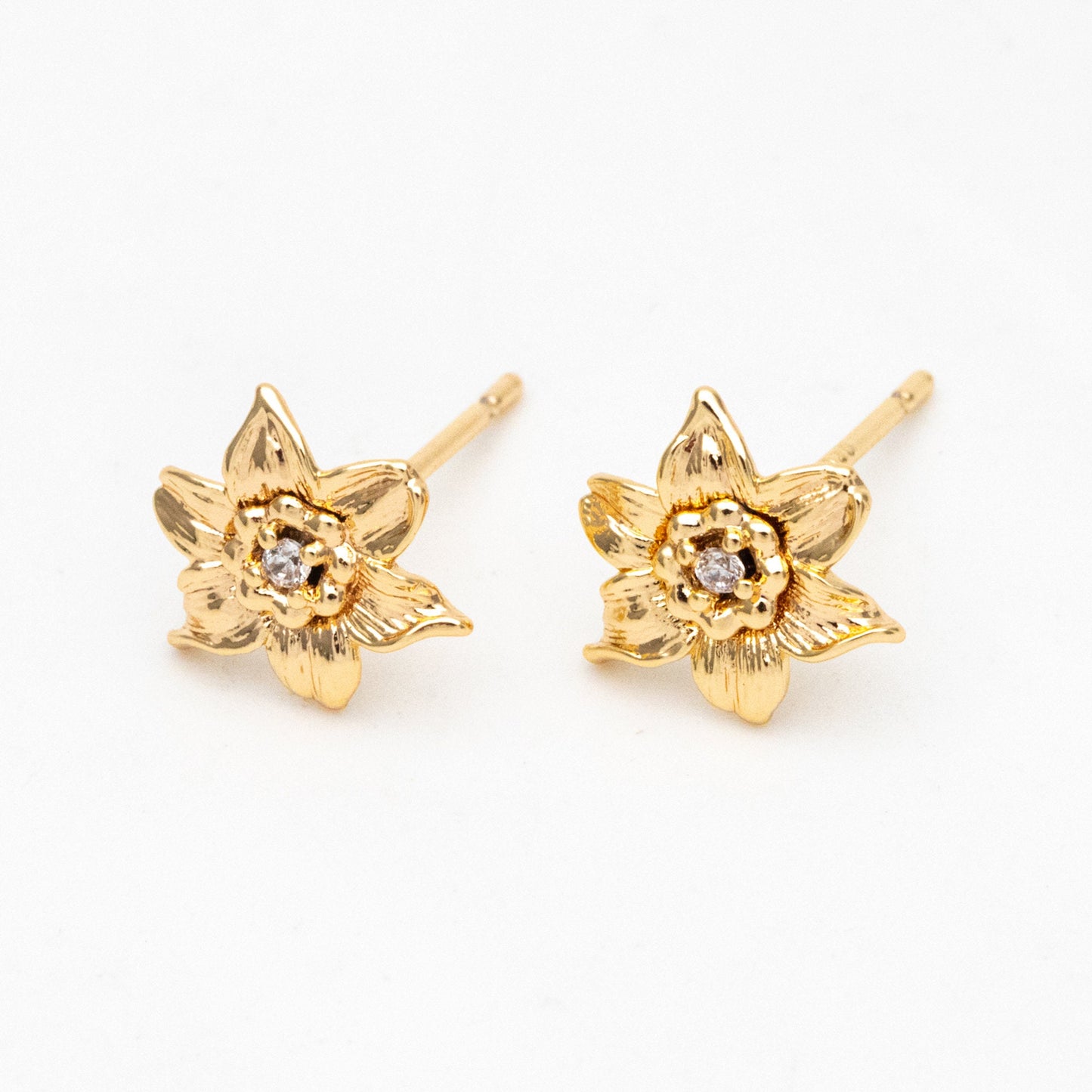 10pcs CZ Pave Gold Flower Earrings: 18K Real Gold Plated Brass Studs (GB-4036)