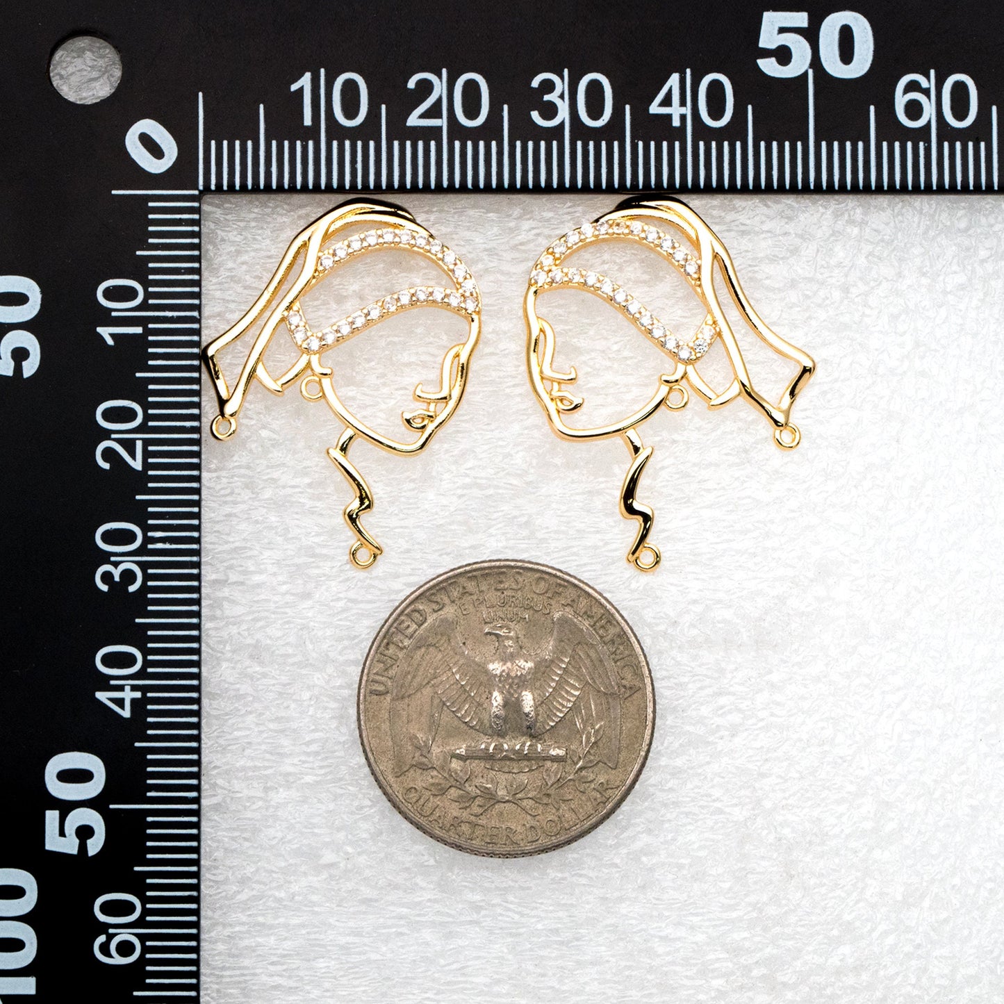 4pcs CZ Pave Gold Girl Earring with 3 Loops, Beauty Stud Earrings, Art Lover Earring, Earring Supplies (GB-4041)