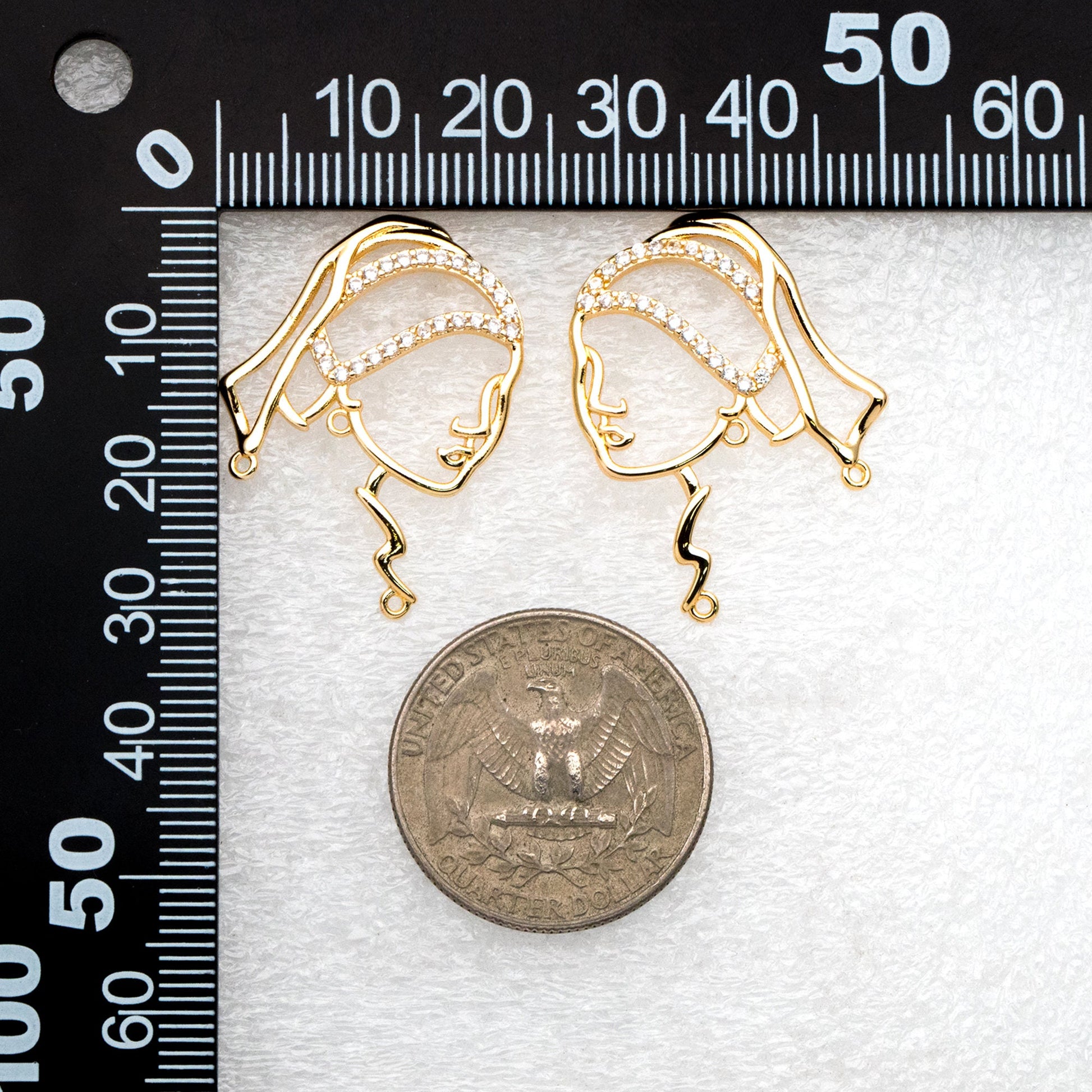 4pcs CZ Pave Gold Girl Earring with 3 Loops, Beauty Stud Earrings, Art Lover Earring, Earring Supplies (GB-4041)