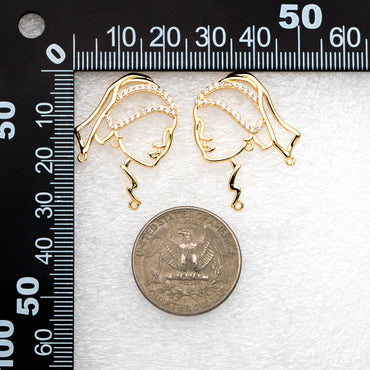 4pcs CZ Pave Gold Girl Earring with 3 Loops, Beauty Stud Earrings, Art Lover Earring, Earring Supplies (GB-4041)