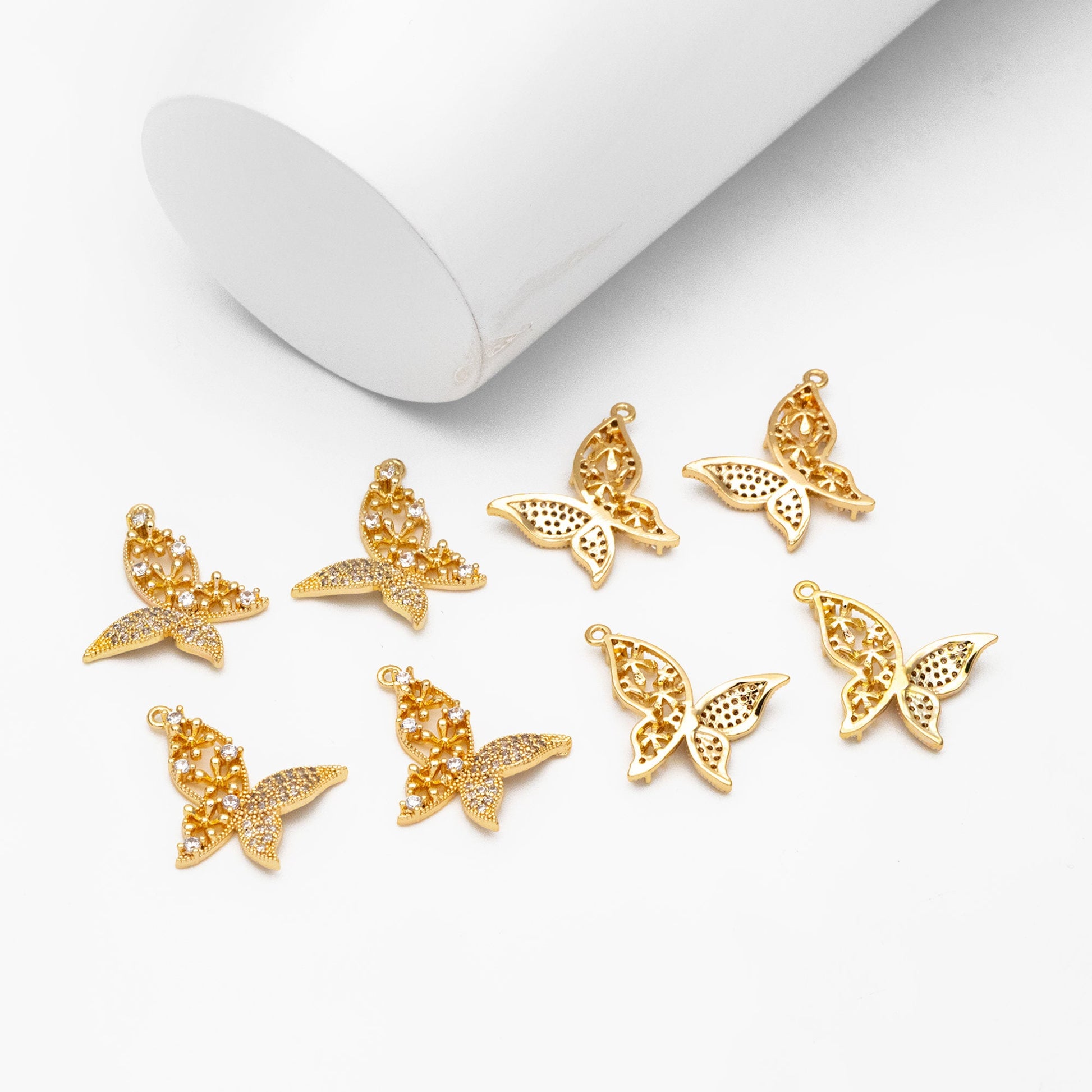 4pcs Gold plated Brass Hollow Butterfly Charms, CZ pave Butterfly Filigree Pendants (GB-3561-K)