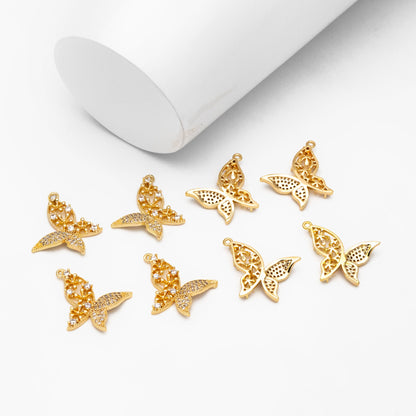 4pcs Gold plated Brass Hollow Butterfly Charms, CZ pave Butterfly Filigree Pendants (GB-3561-K)