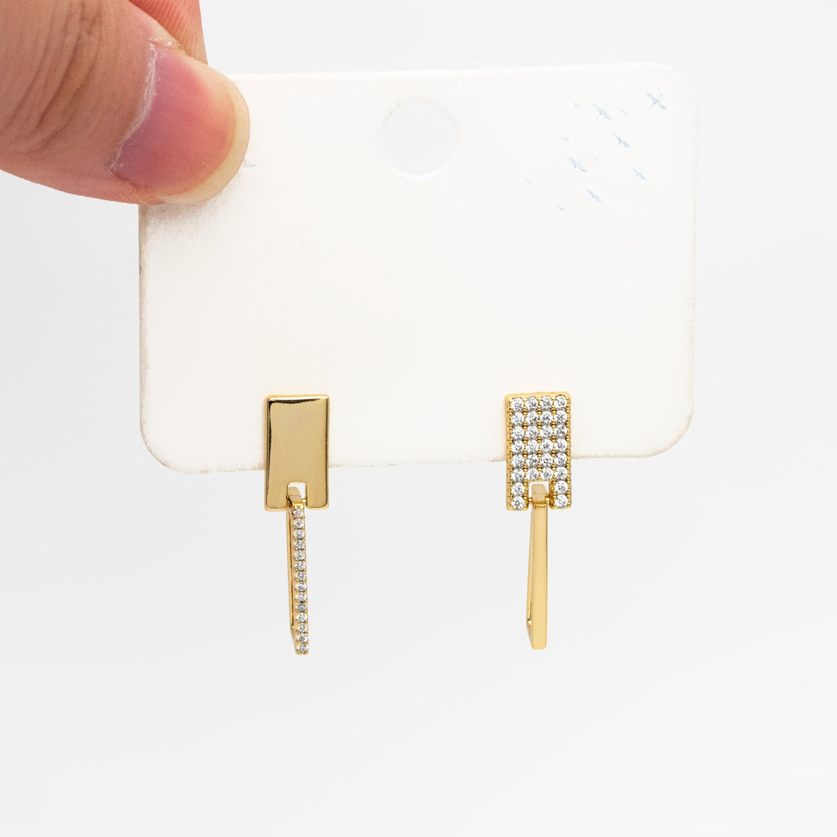 4pcs CZ Pave Rectangle Asymmetry Earrings, 14K Gold plated Brass Geometric Stud Earrings (#GB-3963)