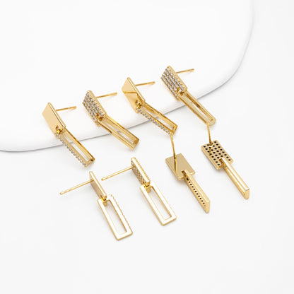 4pcs CZ Pave Rectangle Asymmetry Earrings, 14K Gold plated Brass Geometric Stud Earrings (#GB-3963)