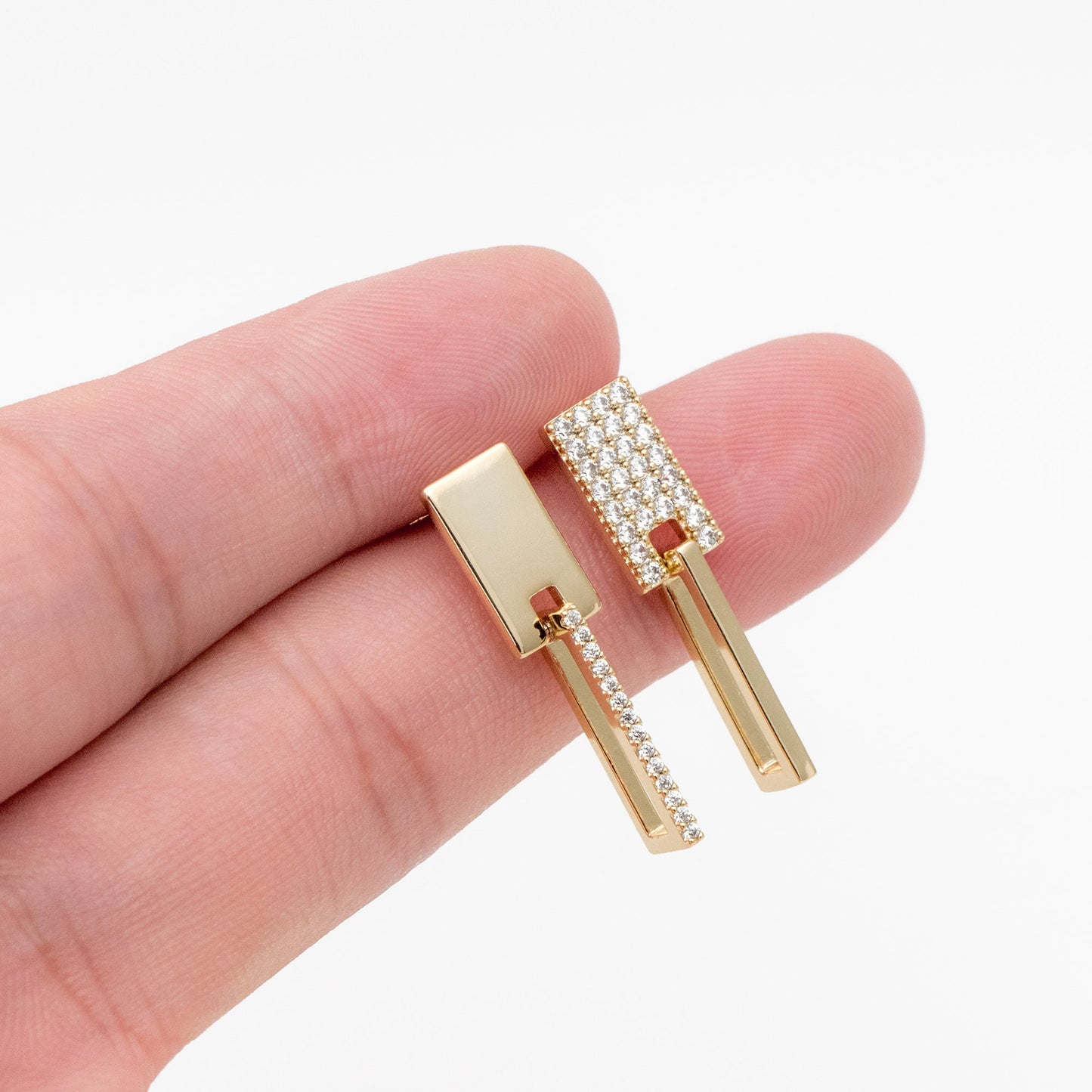 4pcs CZ Pave Rectangle Asymmetry Earrings, 14K Gold plated Brass Geometric Stud Earrings (#GB-3963)