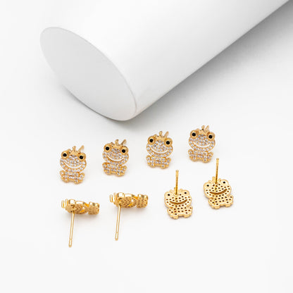 4pcs CZ Pave Gold Frog Prince Earrings 11x8mm, Gold Plated Brass, Cute Stud Earrings (GB-3968)
