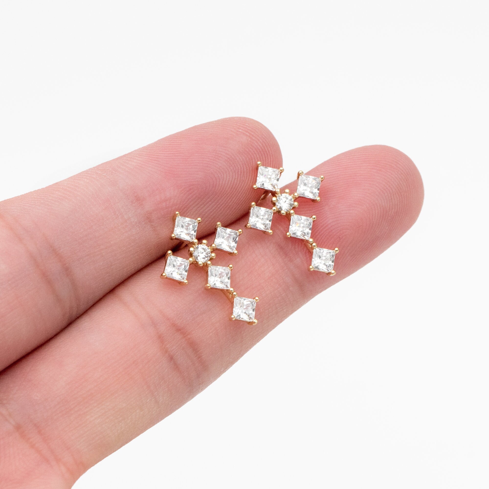 4pcs CZ Pave Gold Cross Earrings, 14K Gold Plated Brass Dainty Cross Stud Earring (#GB-3969)