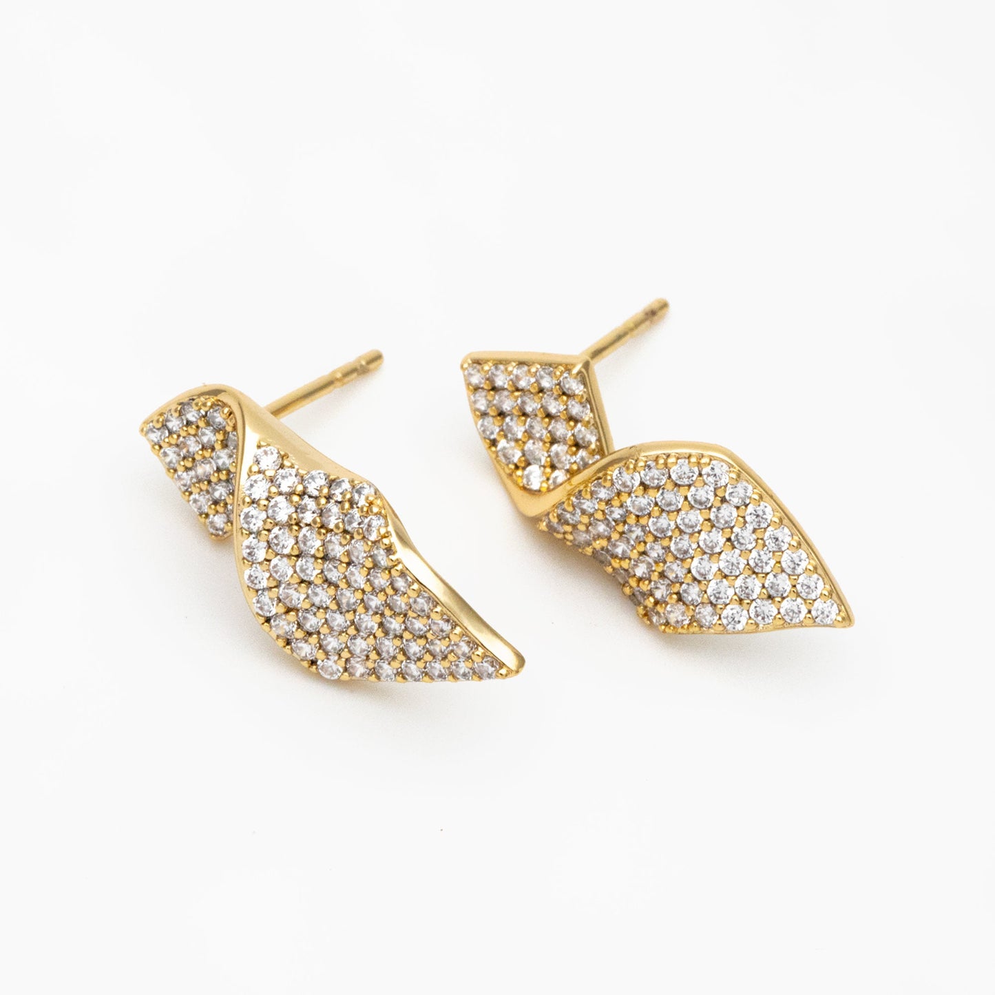 4pcs CZ Pave Gold Ribbon Earrings, 18K Gold plated Brass , Dainty Stud Earrings (#GB-3973)
