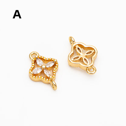 10pcs CZ Pave Gold Flower Charm Connectors 14mm, 18K Gold plated Brass Earring Connectors (GB-3780-E)