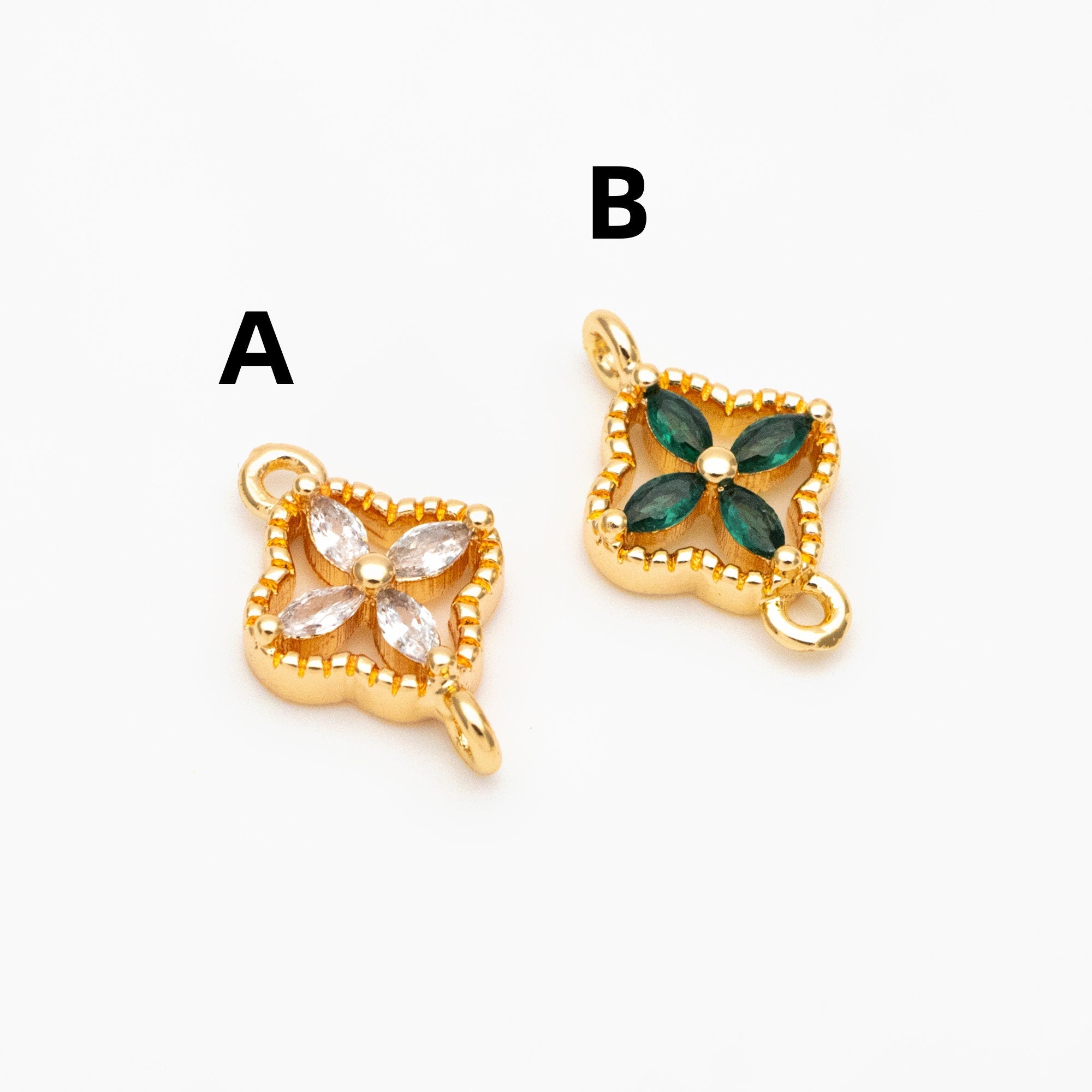 10pcs CZ Pave Gold Flower Charm Connectors 14mm, 18K Gold plated Brass Earring Connectors (GB-3780-E)