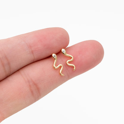 10pcs CZ Pave Gold Snake Earrings 12x5mm, Gold Plated Brass Animal Stud Earrings (GB-4083)