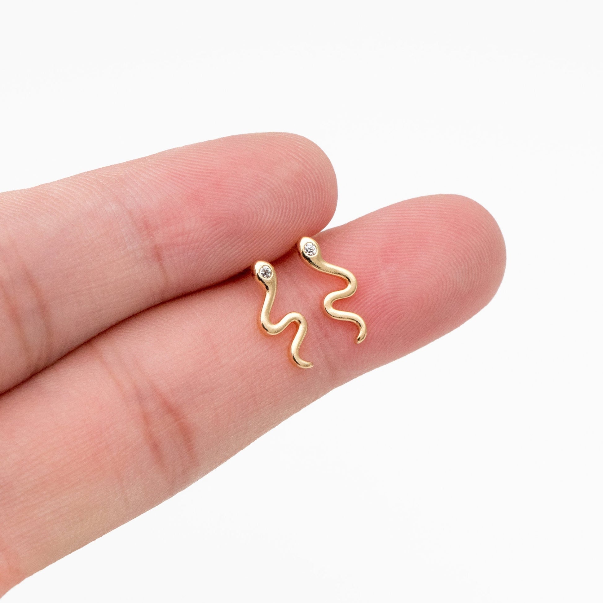 10pcs CZ Pave Gold Snake Earrings 12x5mm, Gold Plated Brass Animal Stud Earrings (GB-4083)