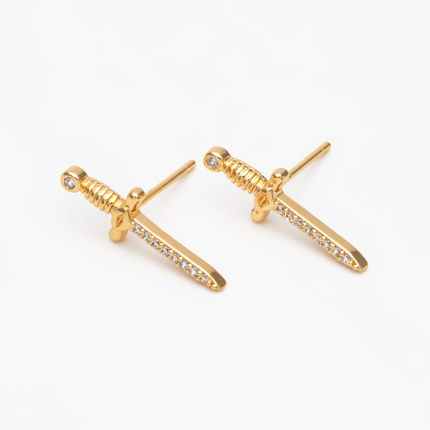 4pcs CZ Pave Gold Sword Earrings 19x7mm, Gold Plated Brass Dagger Stud Earring (#GB-4090)