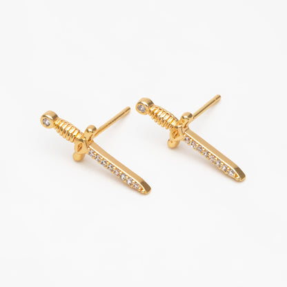 4pcs CZ Pave Gold Sword Earrings 19x7mm, Gold Plated Brass Dagger Stud Earring (#GB-4090)