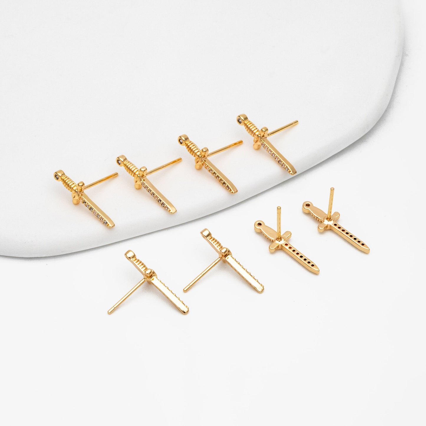 4pcs CZ Pave Gold Sword Earrings 19x7mm, Gold Plated Brass Dagger Stud Earring (#GB-4090)