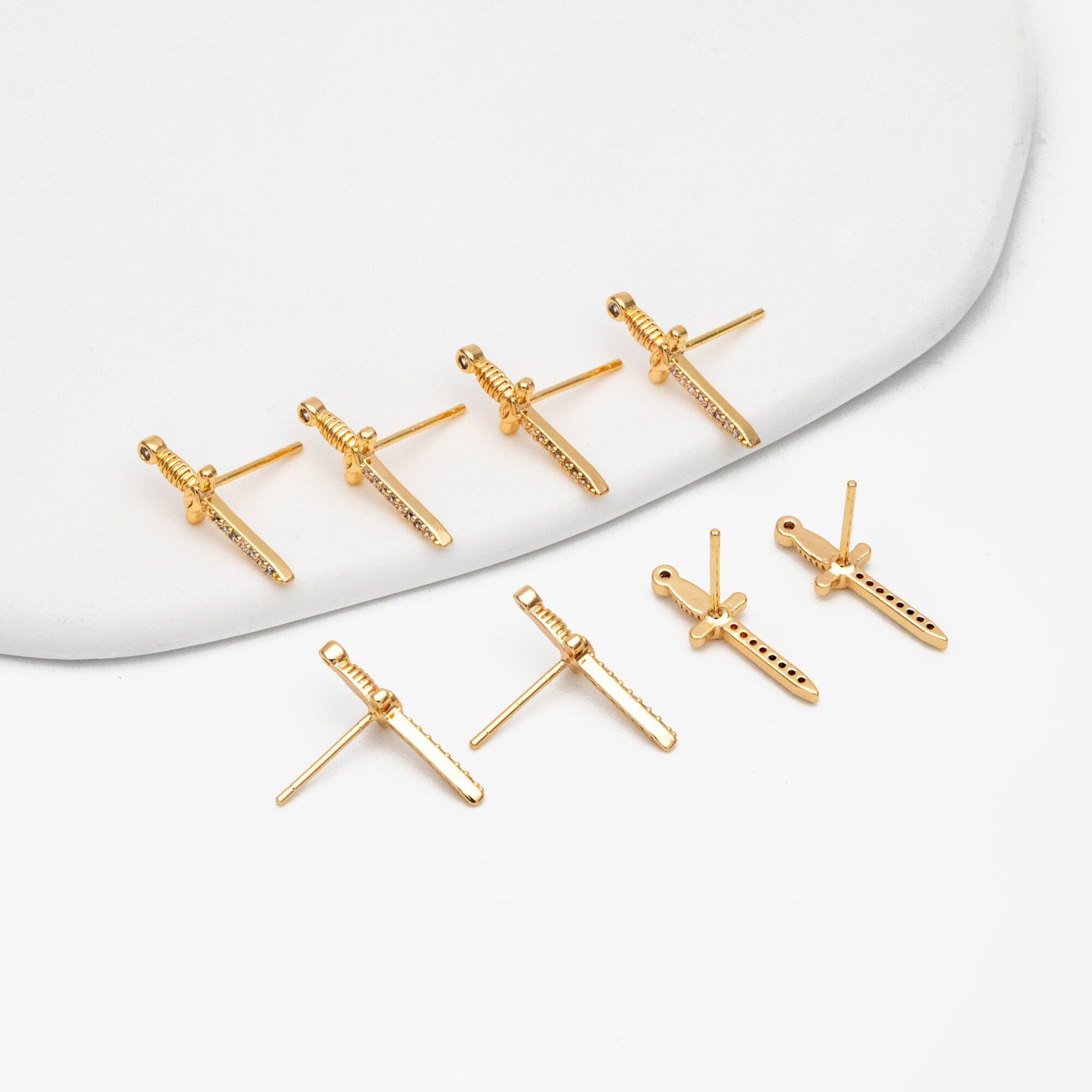 4pcs CZ Pave Gold Sword Earrings 19x7mm, Gold Plated Brass Dagger Stud Earring (#GB-4090)