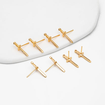 4pcs CZ Pave Gold Sword Earrings 19x7mm, Gold Plated Brass Dagger Stud Earring (#GB-4090)