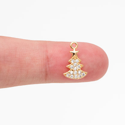 4pcs CZ pave Gold/ Silver Christmas Tree Charms 14x9mm, 18K Gold/ Rhodium plated Brass, Dainty Christmas Tree Pendants (GB-713-F)