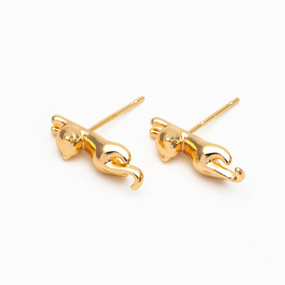 10pcs Gold/ Silver Cat Earrings 16x5mm, Gold/ Rhodium Plated Brass Animal Stud Earrings (GB-4056)
