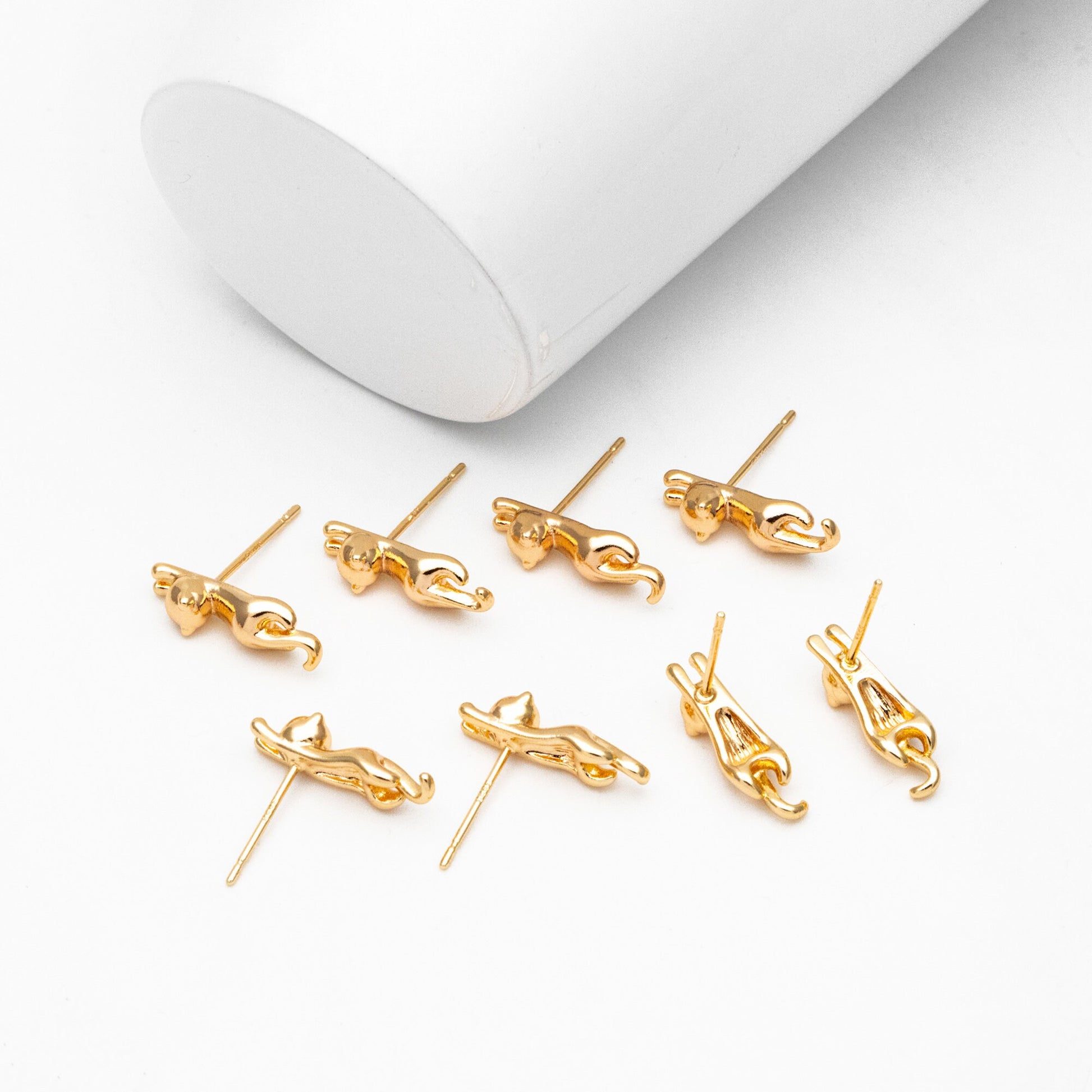 10pcs Gold/ Silver Cat Earrings 16x5mm, Gold/ Rhodium Plated Brass Animal Stud Earrings (GB-4056)