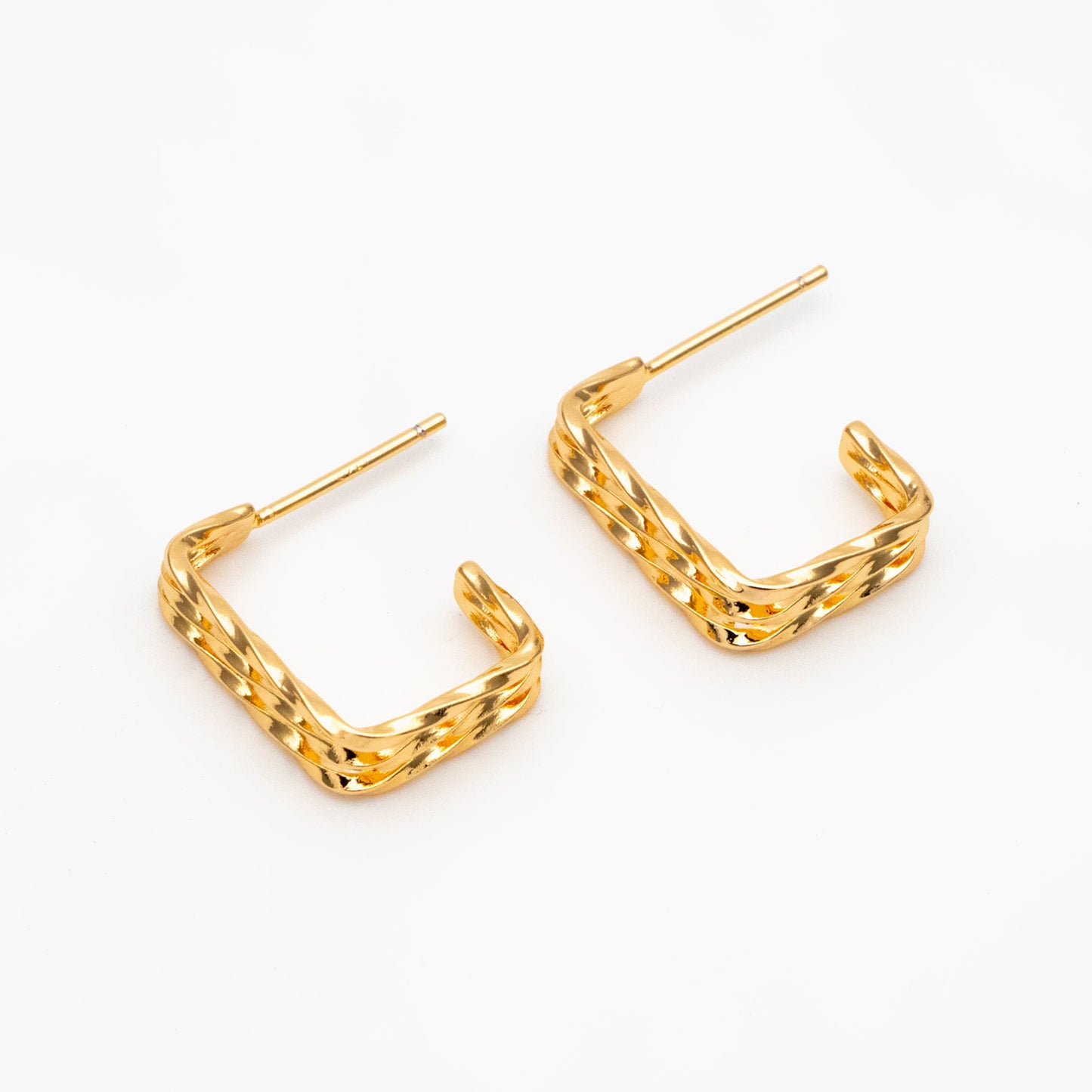 4pcs Gold Triple Band Square Earrings, 18K Real Gold Plated Brass, Geometric Earring Studs (GB-4057)