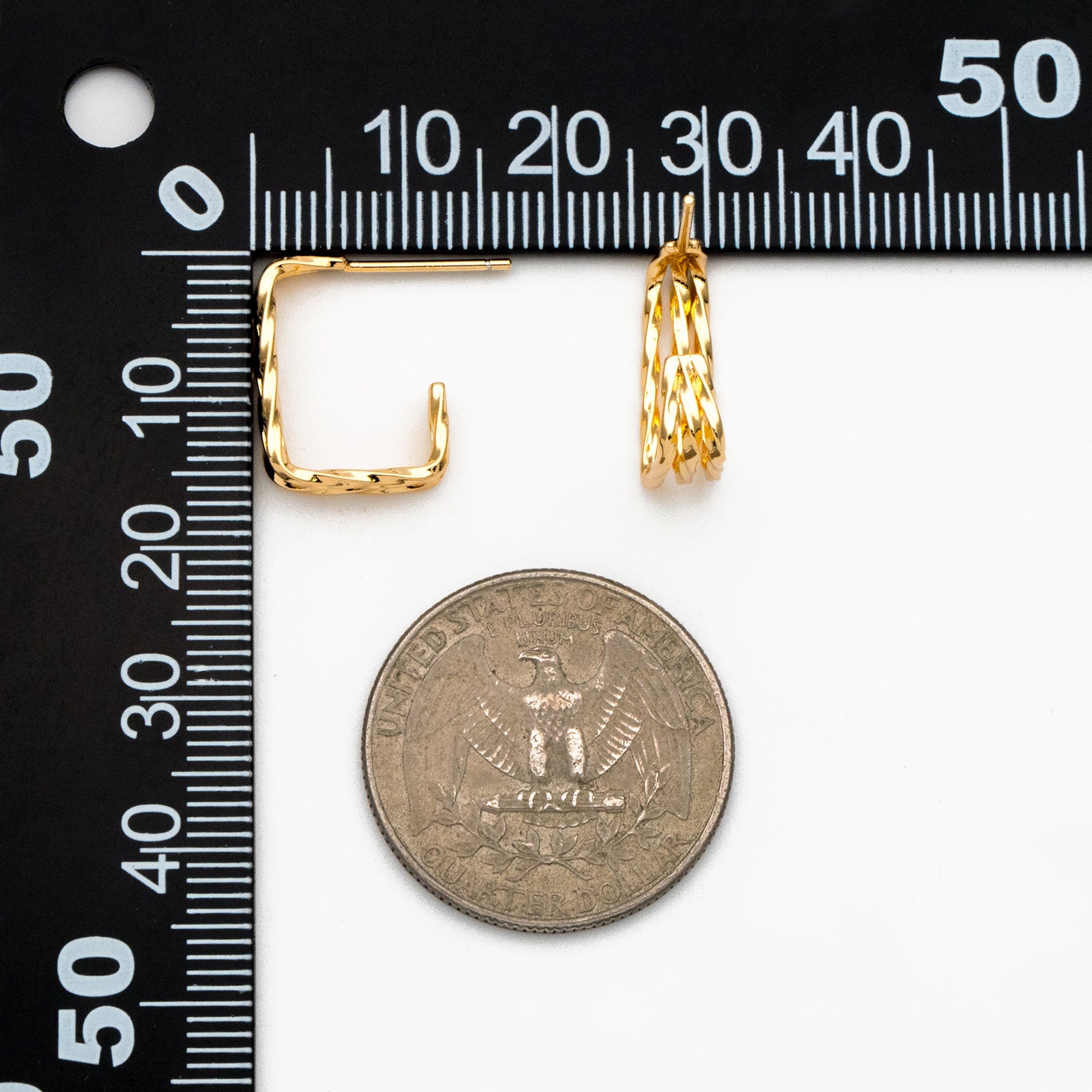 4pcs Gold Triple Band Square Earrings, 18K Real Gold Plated Brass, Geometric Earring Studs (GB-4057)