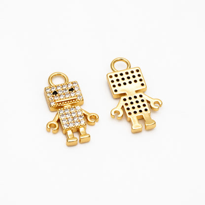 4pcs CZ Pave Gold Robot Charms 17x11mm, Gold plated Brass Dainty Toy Pendants (GB-4064)
