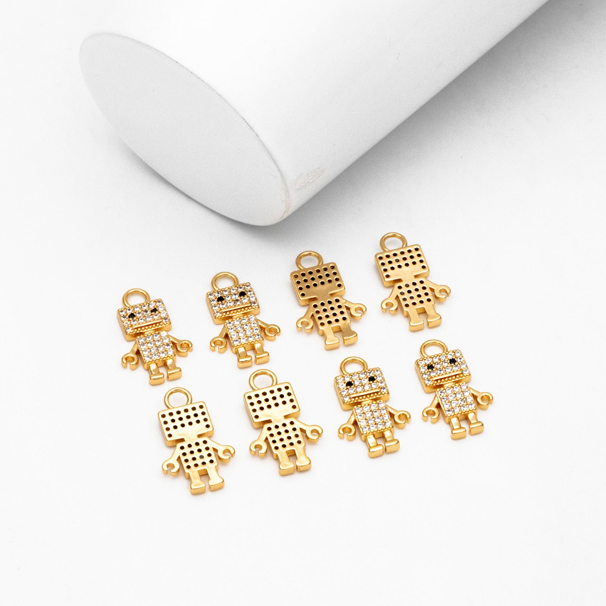 4pcs CZ Pave Gold Robot Charms 17x11mm, Gold plated Brass Dainty Toy Pendants (GB-4064)