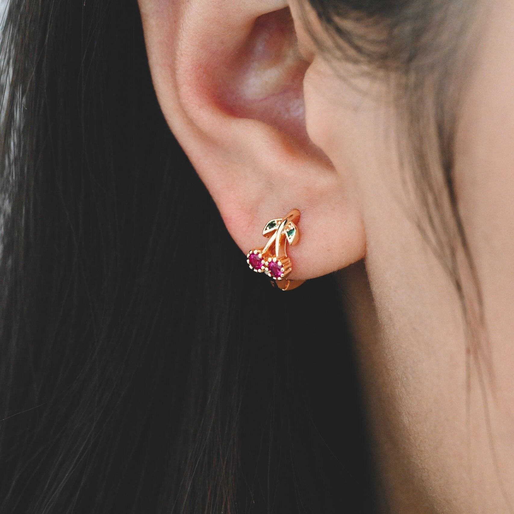 4pcs CZ Pave Cherry Hoop Earrings, 12mm, Dainty Huggie Earrings, Minimalist Earring, Small Gold Hoops Earring (GB-3528)