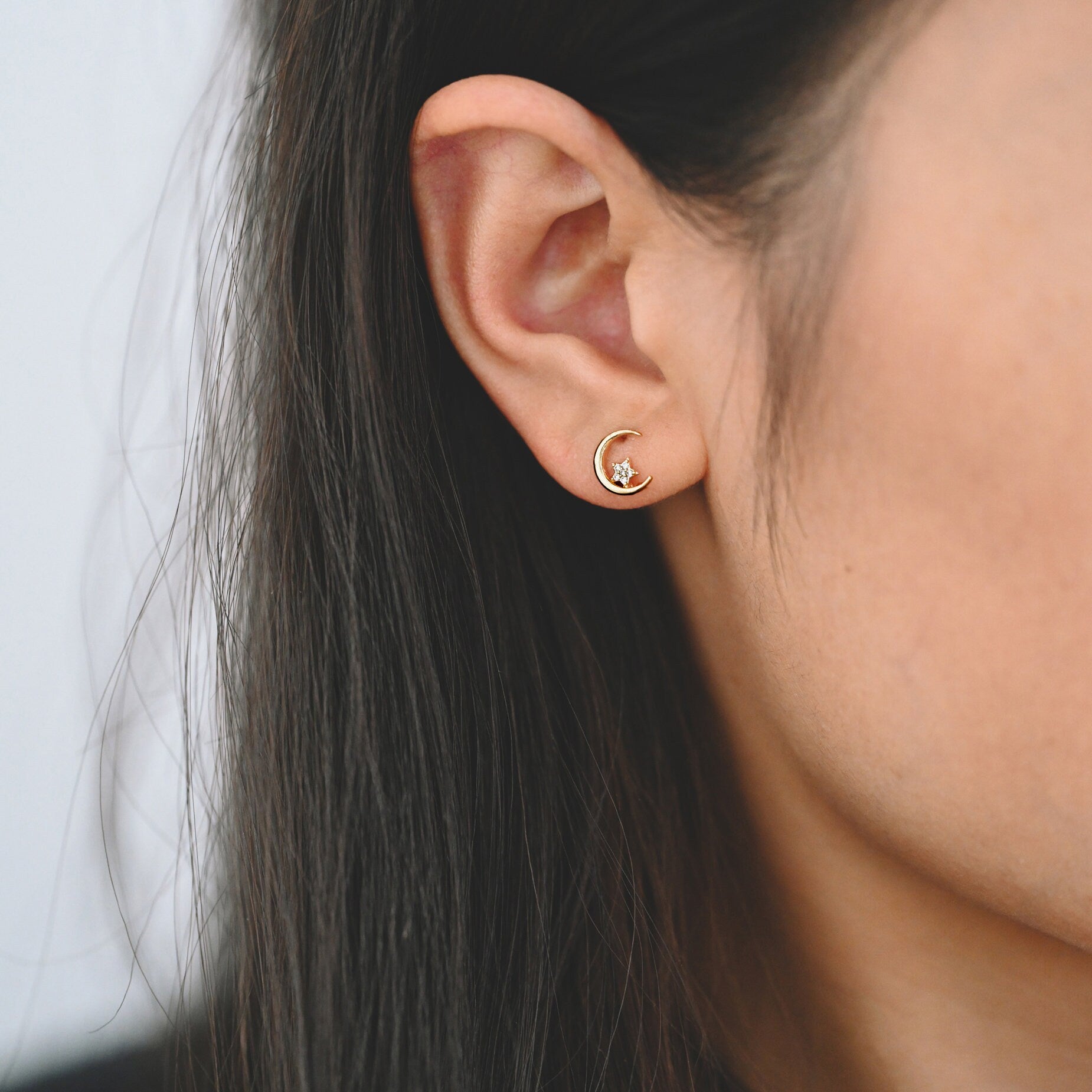 4pcs CZ Pave Moon and Star Ear Posts, Real Gold Plated Brass Stud Earrings (#GB-3167)