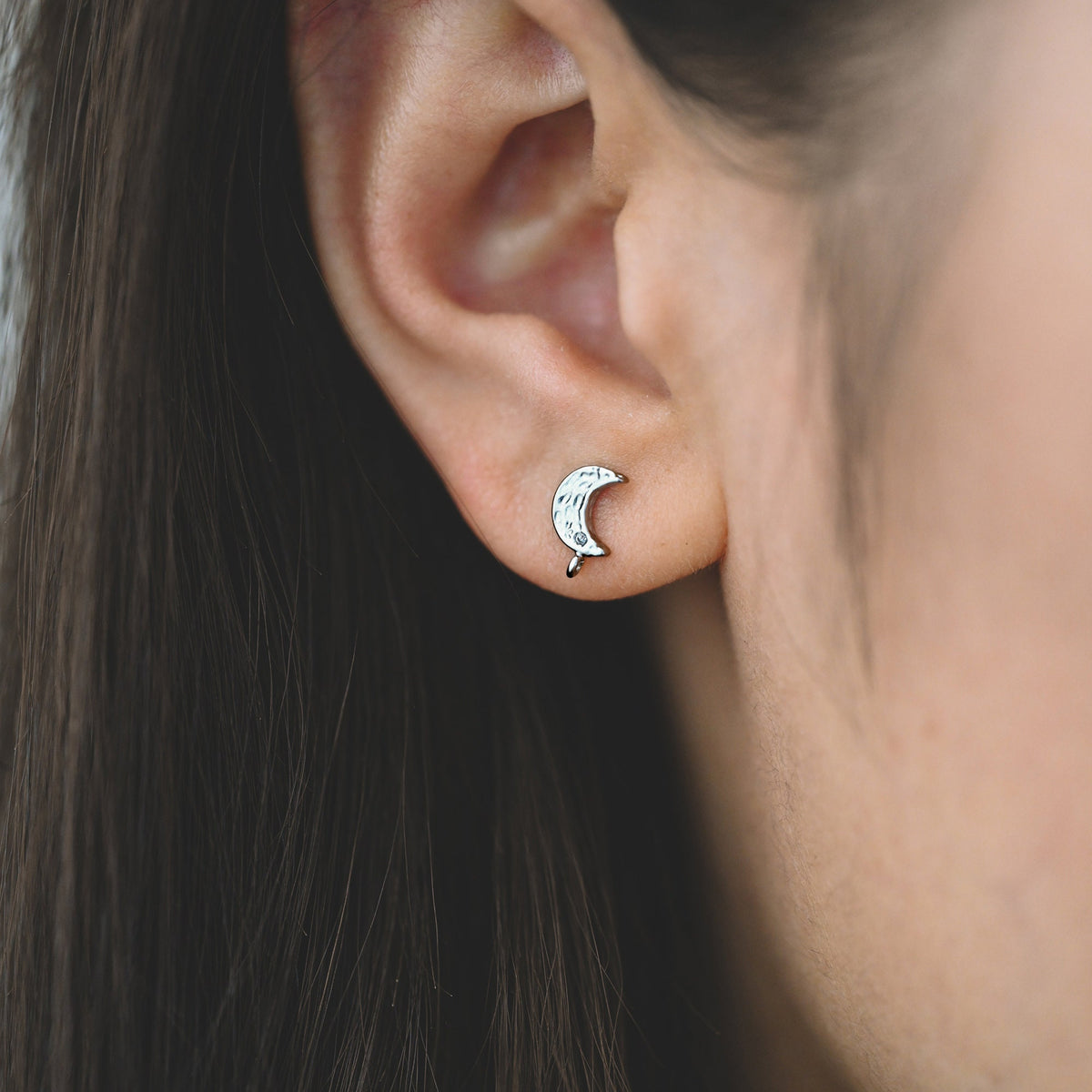 4pcs CZ Paved Moon Earring Post with Loop, 9mm, Real Gold/ Rhodium Plated Brass Stud Earrings (#GB-311-E)