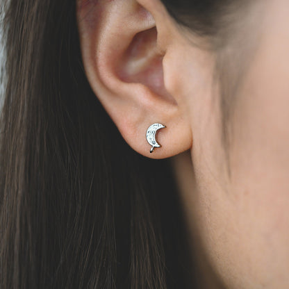 4pcs CZ Paved Moon Earring Post with Loop, 9mm, Real Gold/ Rhodium Plated Brass Stud Earrings (#GB-311-E)