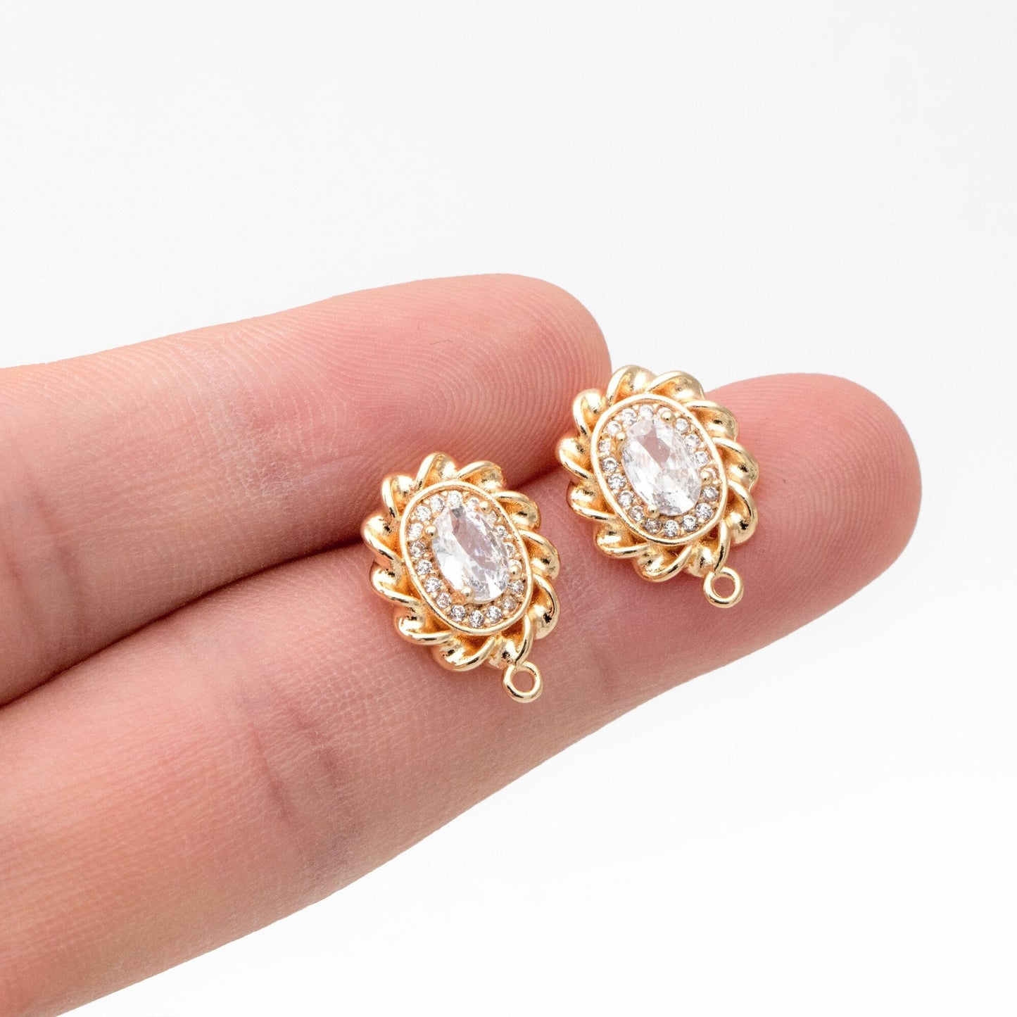4pcs CZ Pave Gold Oval Ear Posts: Dainty Stud Earring Findings (GB-3650)