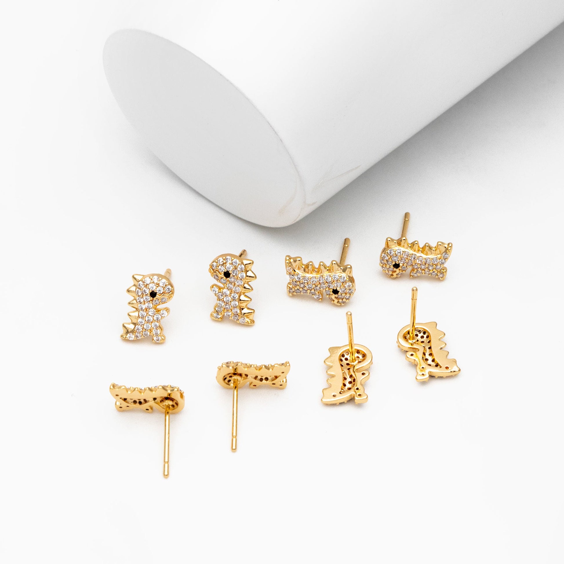 4pcs CZ Pave Gold Dinosaur Earrings 10x7mm, Gold Plated Brass, Dainty Dinosaur Stud Earrings (GB-3967)