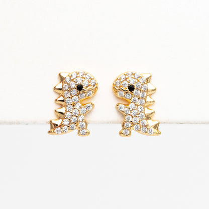 4pcs CZ Pave Gold Dinosaur Earrings 10x7mm, Gold Plated Brass, Dainty Dinosaur Stud Earrings (GB-3967)