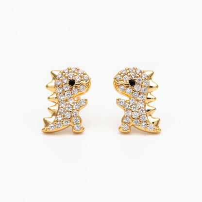4pcs CZ Pave Gold Dinosaur Earrings 10x7mm, Gold Plated Brass, Dainty Dinosaur Stud Earrings (GB-3967)
