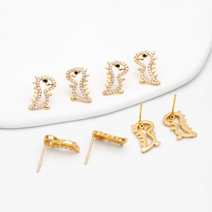 4pcs CZ Pave Gold Hollow Dinosaur Earrings 13x10mm, Gold Plated Brass, Dainty Dinosaur Stud Earrings (GB-3974)