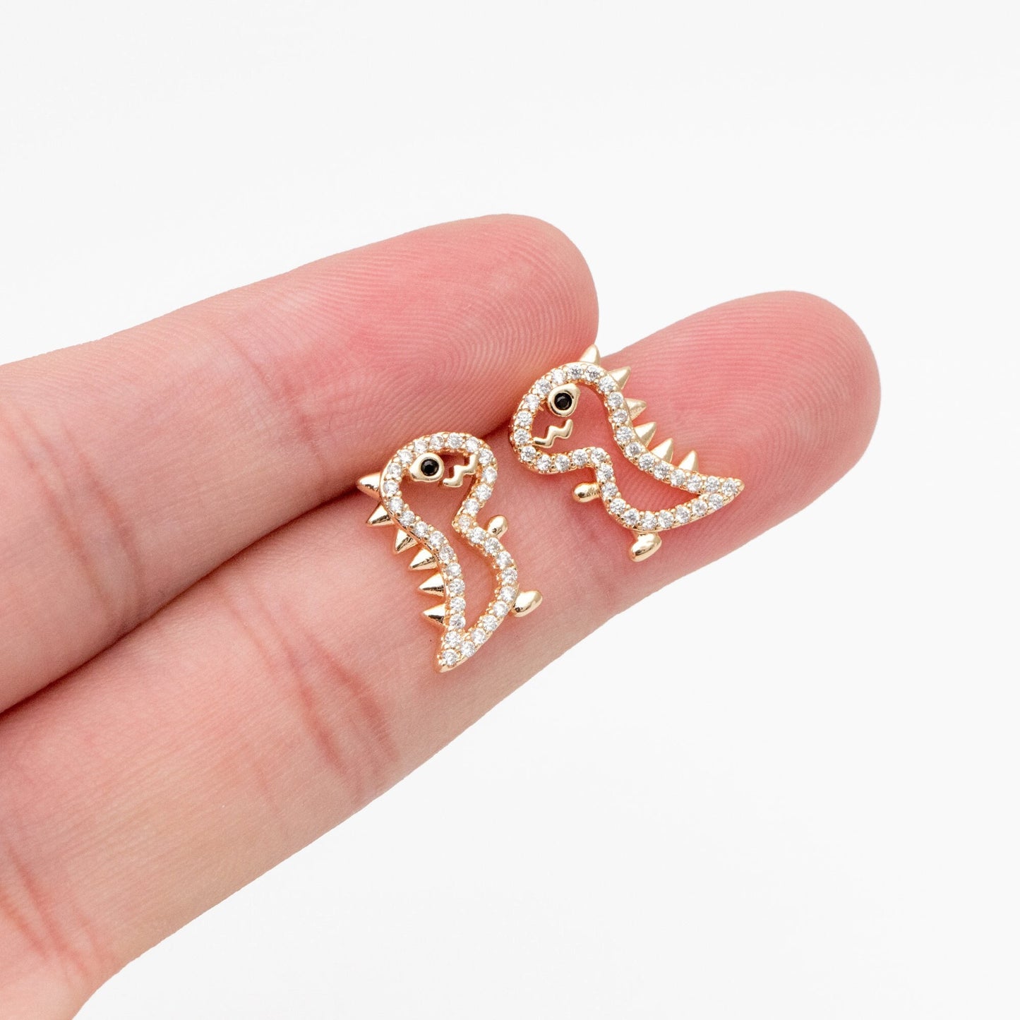 4pcs CZ Pave Gold Hollow Dinosaur Earrings 13x10mm, Gold Plated Brass, Dainty Dinosaur Stud Earrings (GB-3974)