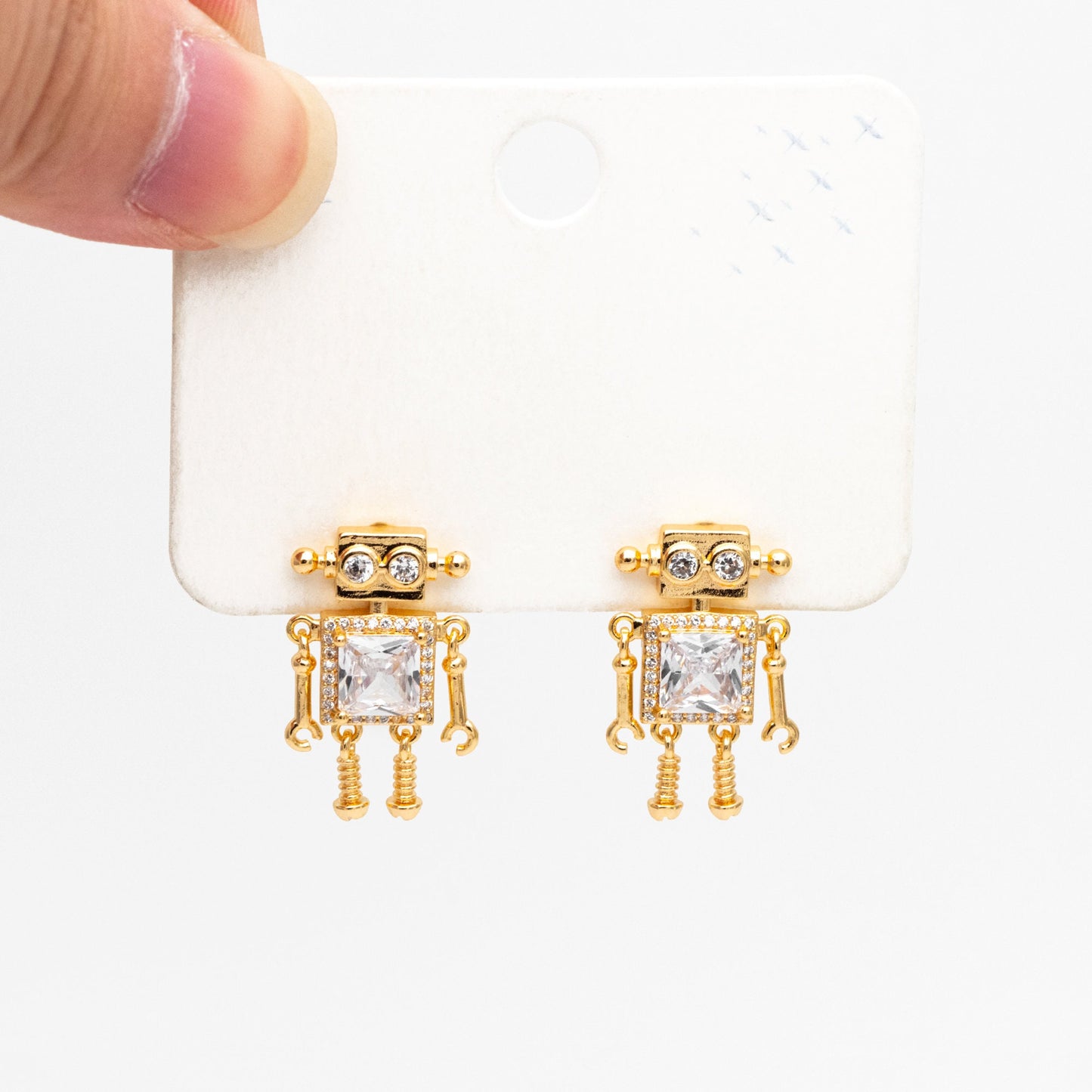 4pcs CZ Pave Gold Robot Earrings 22x14mm, Gold Plated Brass, Dainty Robot Stud Earrings (GB-4078)