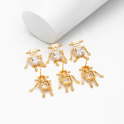 4pcs CZ Pave Gold Robot Earrings 22x14mm, Gold Plated Brass, Dainty Robot Stud Earrings (GB-4078)
