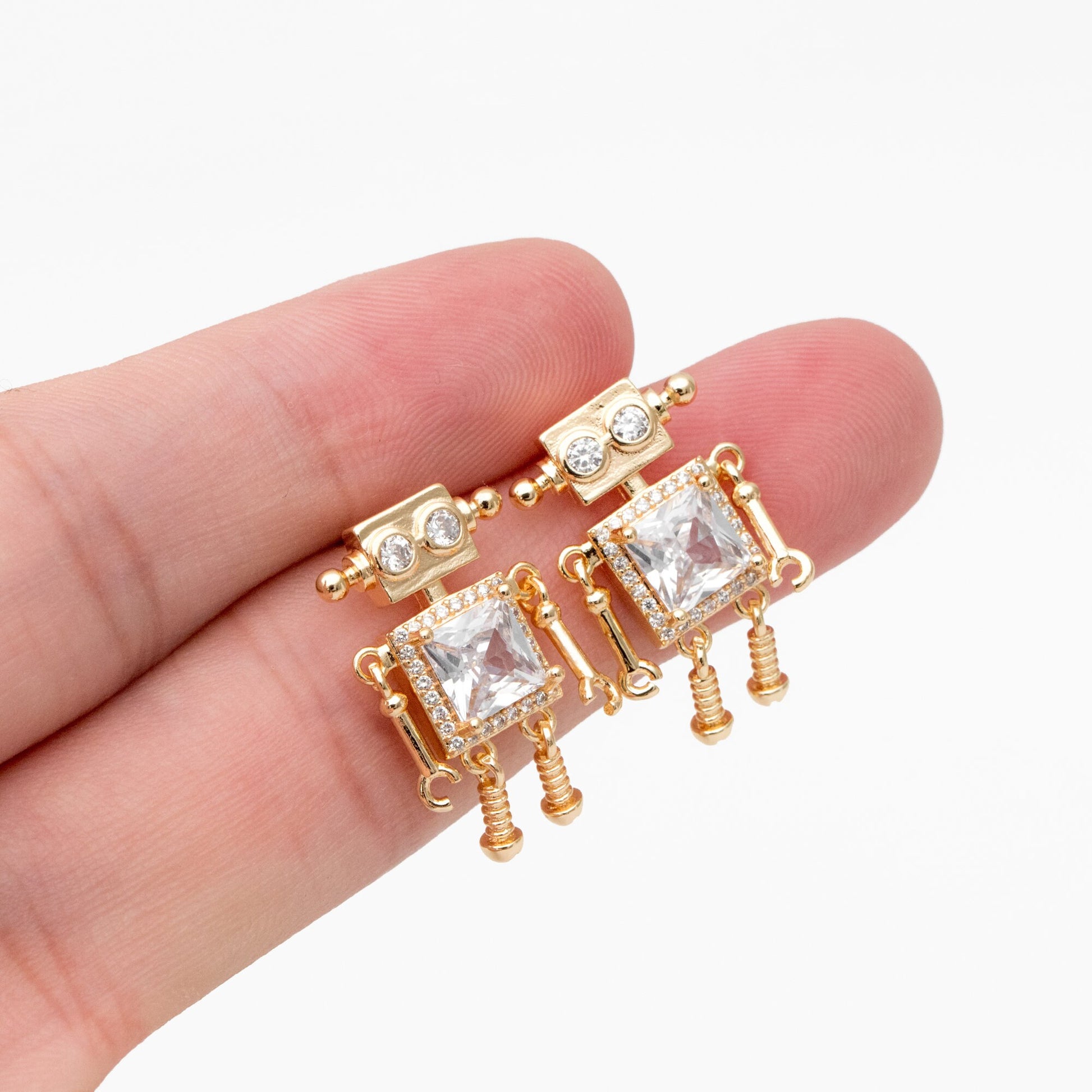 4pcs CZ Pave Gold Robot Earrings 22x14mm, Gold Plated Brass, Dainty Robot Stud Earrings (GB-4078)