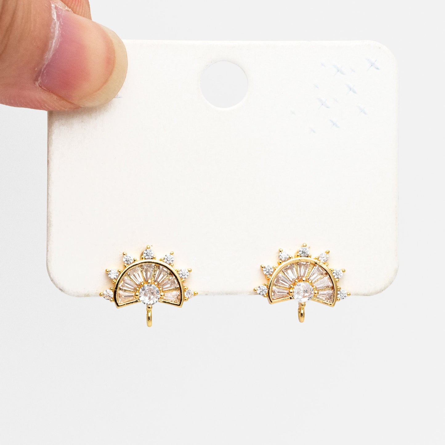4pcs CZ Pave Gold Fan Shape Earring with Loop, Gold Plated Brass Fan Stud Earrings (#GB-1205-B)