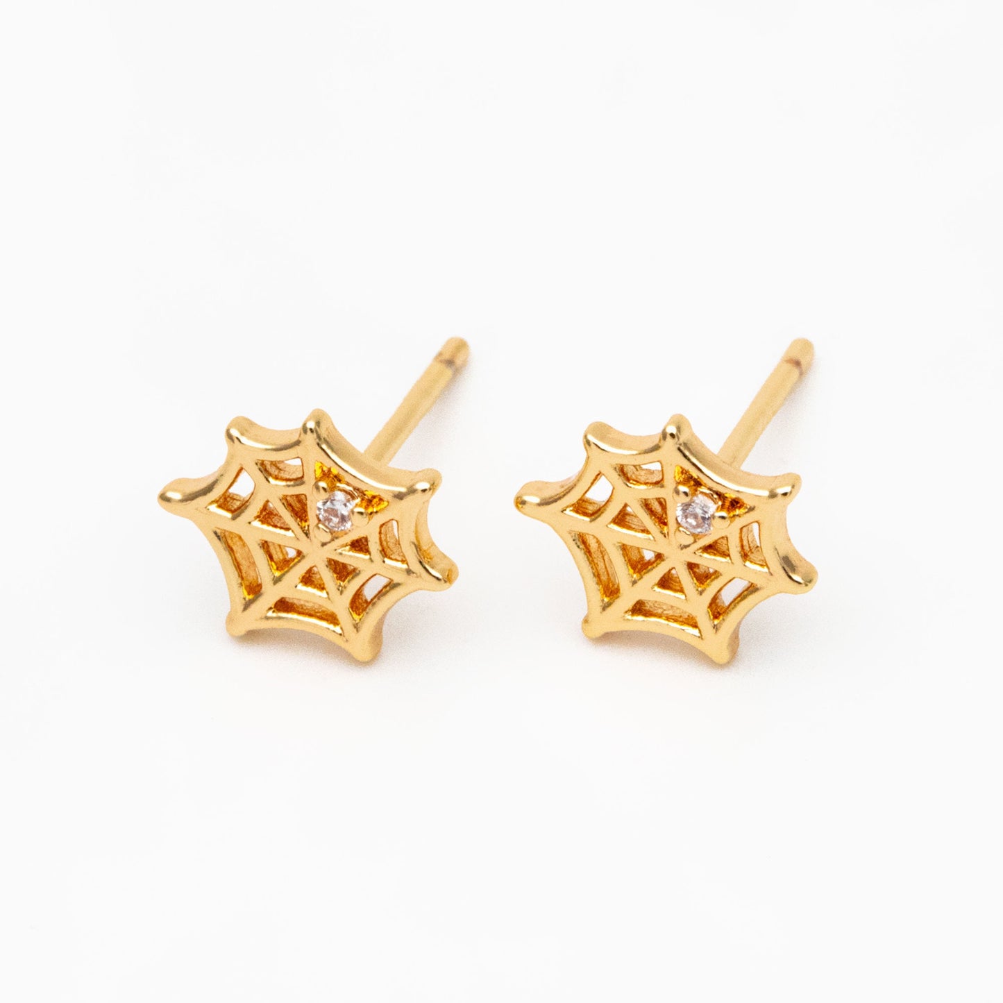 10pcs CZ Pave Gold Spider Web Earrings 9x8mm, Gold Plated Brass Halloween Stud Earrings (GB-4110-B)