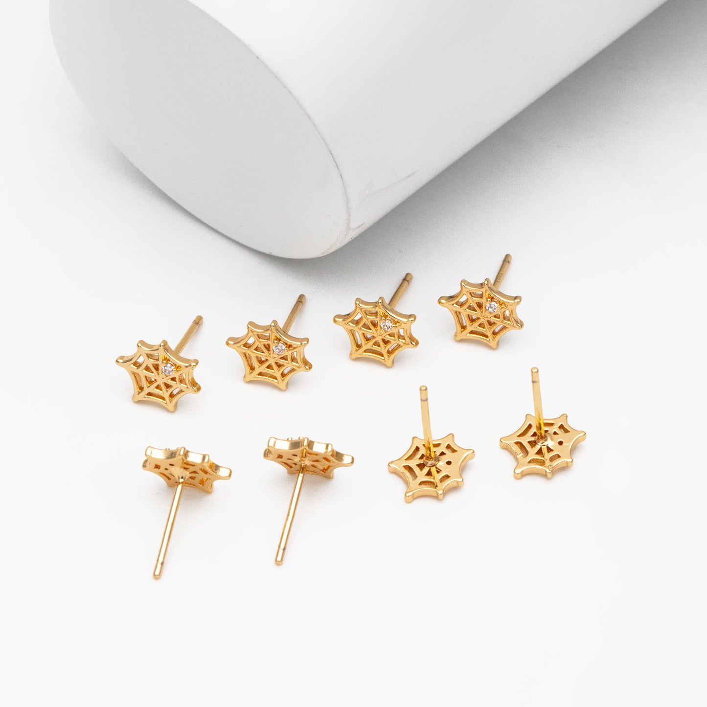 10pcs CZ Pave Gold Spider Web Earrings 9x8mm, Gold Plated Brass Halloween Stud Earrings (GB-4110-B)