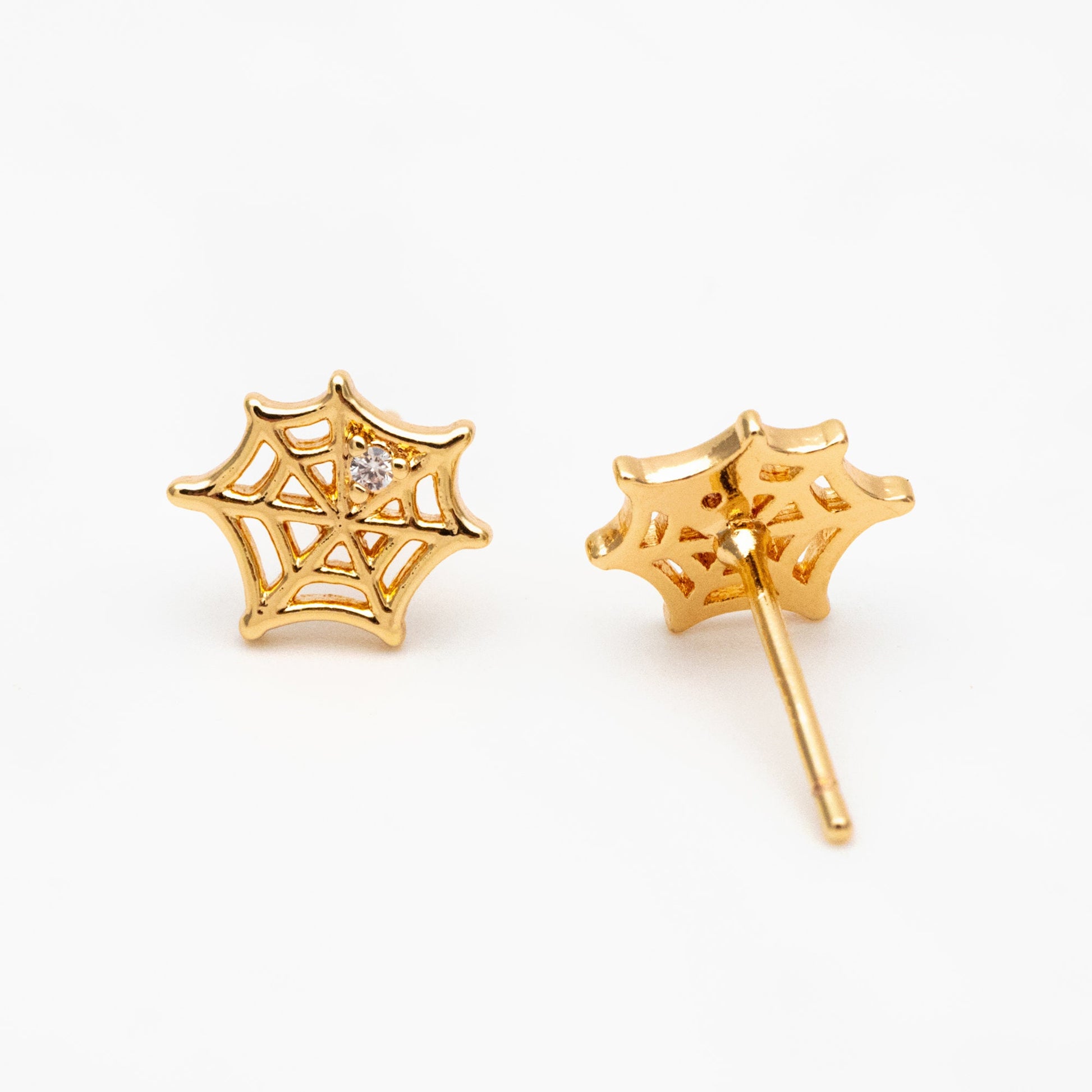 10pcs CZ Pave Gold Spider Web Earrings 9x8mm, Gold Plated Brass Halloween Stud Earrings (GB-4110-B)