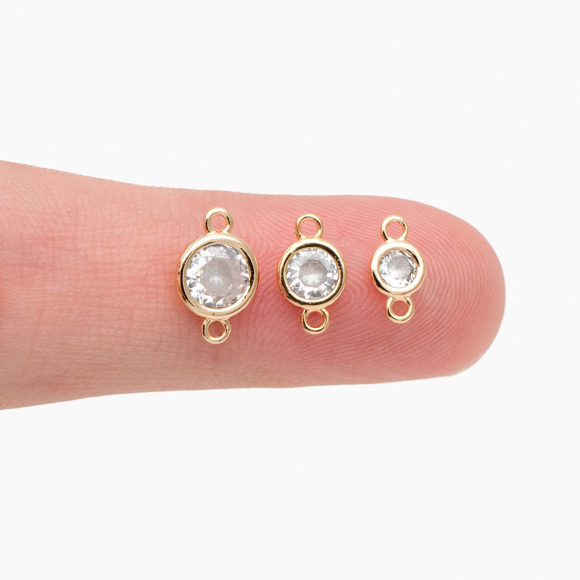 10pcs Gold/ Silver/ Rose Gold Bezel Gemstone Connector 4/ 5/ 6mm, 18K Gold plated Brass, Clear CZ Round Charms (GB-3197)